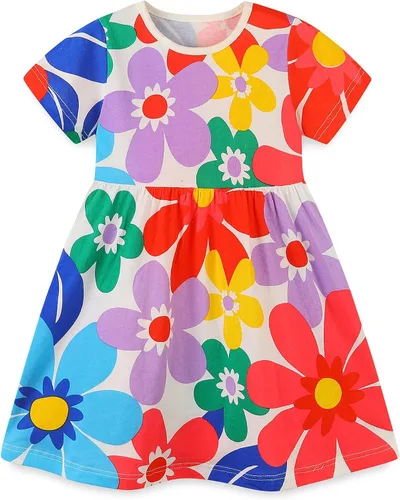Vista 12 de Bumeex - Vestidos de verano para niñas pequeñas, de algodón, estampado de caricatura, manga corta, vestidos casuales para niñas, vestidos de sol