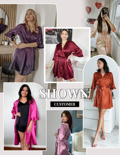 Vista 6 de Ekouaer Bata de satén para mujer, lencería de San Valentín para mujer, kimono, bata corta con volantes, cinturón, ropa de dormir para damas de honor