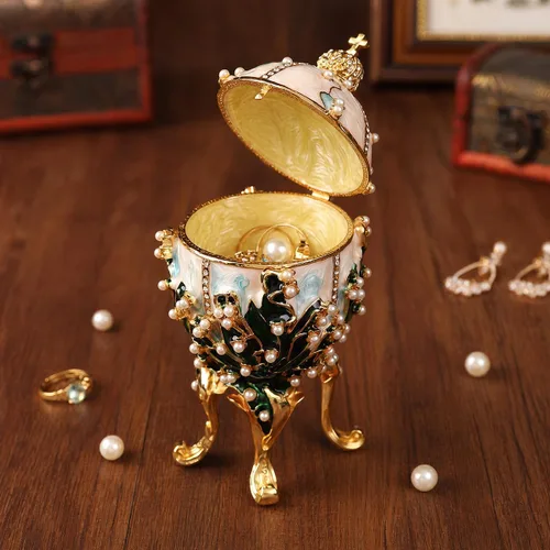 Vista 6 de Caja de joyería de huevo de Pascua, adornos esmaltados con bisagras, estilo victoriano, pintado a mano, regalo de artesanía de metal para decoración