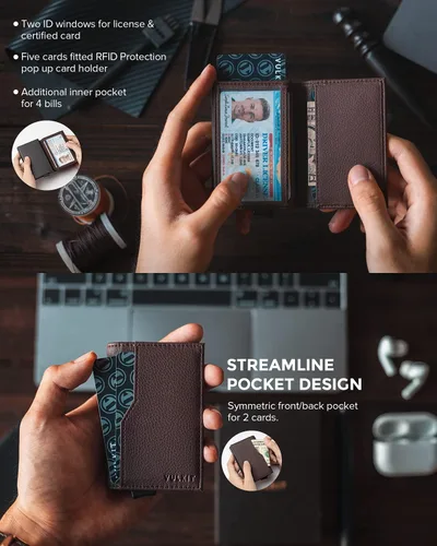 Vista 3 de VULKIT Tarjetero con ventana de identificación tarjetas emergentes cartera delgada de cuero con protección RFID hasta 12 tarjetas Marrón oscuro