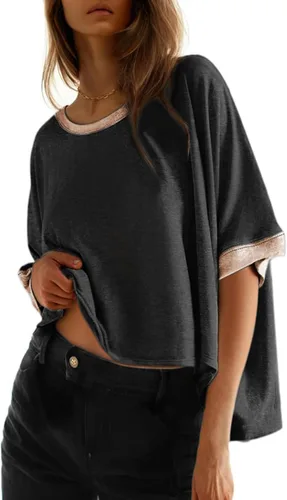 Vista 15 de Dokotoo -Camisetas de verano para mujer, color liso, holgadas, de gran tamaño, básicas