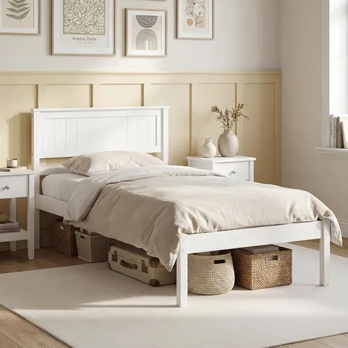 Vista 12 de Giantex Base de cama individual con cabecero, cama de plataforma de madera maciza con soporte de listones de madera, cama individual