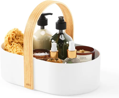 Vista 9 de Umbra Bellwood Caddy, organizador para maquillaje y cosméticos, contenedor ligero y duradero con mango de madera y divisores extraíbles, pequeño