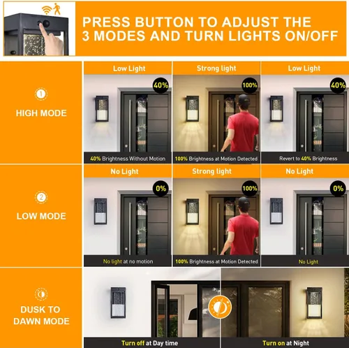 Vista 3 de Luz de Pared Solar para Exterior con Sensor de Movimiento de 3 Modos, Sconce Exterior de Cristal con Luz LED de 4000K 250LM para Puerta Frontal