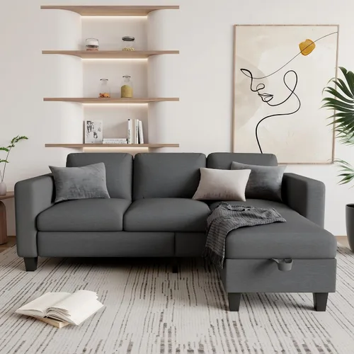 Vista 7 de Grzyhem Camillas seccionales para sala de estar, sofá convertible en forma de L, sofá moderno de lino gris de 3 plazas, sofás de 78 pulgadas