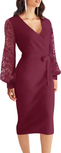 Vista 2 de MEROKEETY Vestido de suéter de manga larga con cuello en V para mujer, sexy, de punto envolvente, ajustado, con cinturón