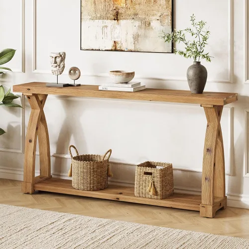 Vista 9 de Mesa consola de madera maciza para entrada, mesa estrecha de 63 pulgadas para sofá con almacenamiento de 2 niveles para entrada, vestíbulo, sala