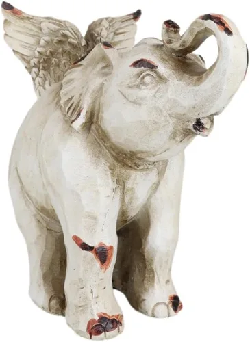 Vista 2 de Ebros Gift Fantástico elefante alado de ángel con tronco hacia arriba, escultura de madera sintética, figura de resina tallada en madera sintética