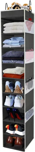 Vista 10 de Organizador de zapatos colgante de gran tamaño con 10 estantes, organizador de armario colgante resistente con 8 bolsillos laterales, estantes