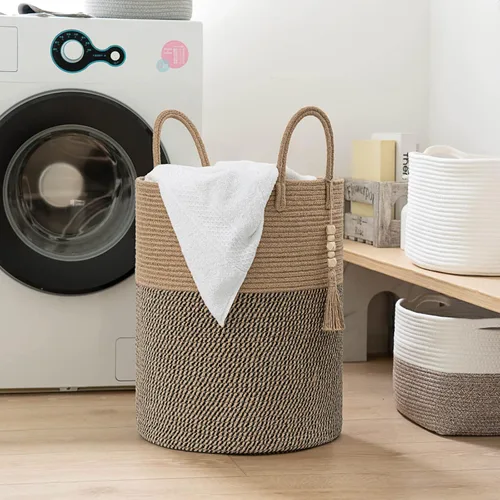 Vista 2 de Goodpick - Cesta tejida de yute para mantas decorativa, cesta de almacenamiento para toallas, zapatos, juguetes, cesta de lavandería alta para sala