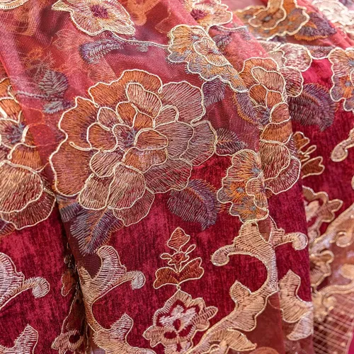 Vista 9 de ELKCA Cortina de felpilla bordada en rojo burdeos para sala de estar, cortinas florales de felpilla de lujo para dormitorio, ojales en la parte