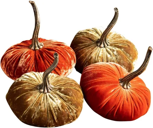 Vista 15 de Juego de 4 pequeñas calabazas de franela de terciopelo y algodón, decoración a cuadros de búfalo blanco y negro, estantes de calabaza negra