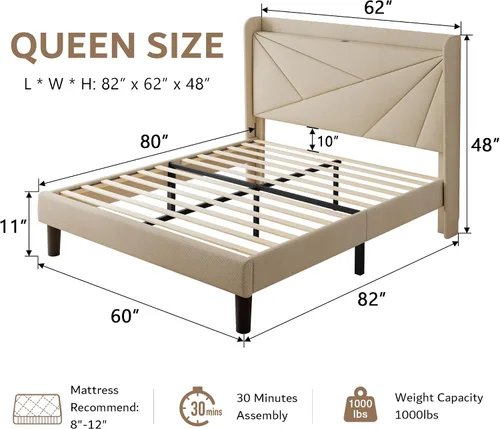Vista 2 de iPormis Base de cama tamaño Queen con estación de carga, marco de cama de plataforma de lino con cabecera tapizada con respaldo de ala, soporte