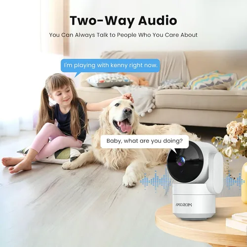 Vista 4 de AMOROM Cámara de seguridad para interiores 360° con panorámica/inclinación, monitor para mascotas, perros y bebés, visión nocturna HD 1080P