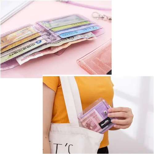 Vista 3 de Cartera transparente para mujer, cartera plegable con cordón, bonita funda para identificación, Morado, S, Cartera de viaje