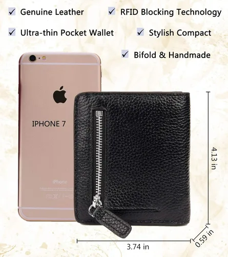 Vista 5 de BIG SALE-AINIMOER billetera de bolsillo pequeña con cremallera, plegable, compacta de cuero con bloqueo por identificación por radiofrecuencia