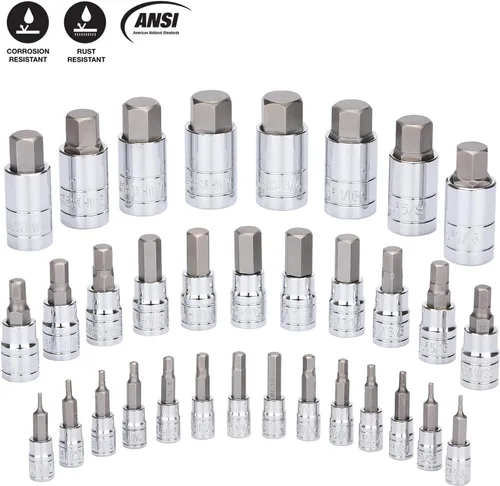 Vista 3 de EMENTOL Juego de llaves hexagonales de 33 piezas, 1/4", 3/8" y 1/2", broca Allen SAE y métrica, CR-V, acero S2, juego de llaves hexagonales maestras