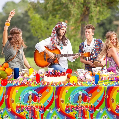 Vista 6 de Tiamon 3 manteles de plástico estilo hippie retro para mesa rectangular, decoraciones de fiesta de arco iris desechables para fiestas de los años 60