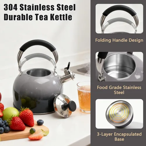 Vista 3 de Tinlon - Tetera esmaltada de 2.5 cuartos de galón para estufa, color negro Hervidor de cocina de acero inoxidable con mango plegable para agua