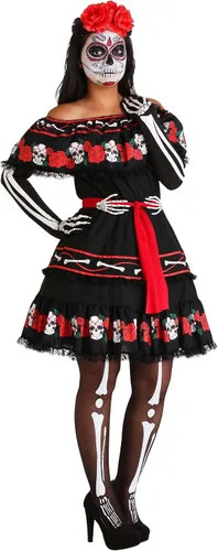 Vista 2 de Disfraz de calavera de azúcar para mujer, vestido con cinturón y tocado floral