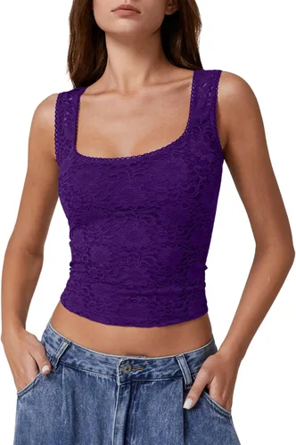 Vista 14 de QINSEN Camiseta sin mangas de doble capa con cuello cuadrado y ribete de encaje para mujer Amarillo claro