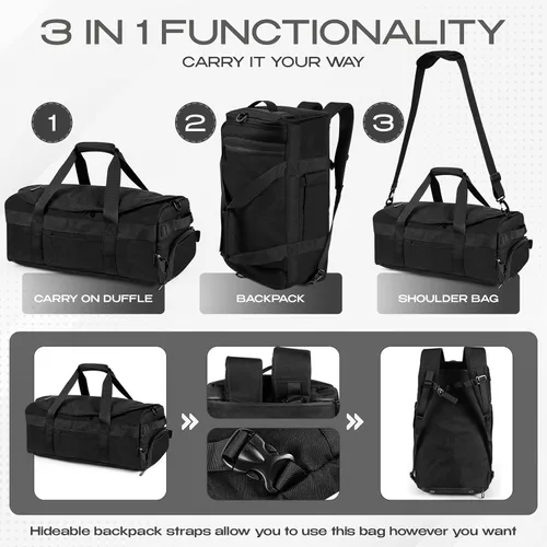 Vista 2 de Mochila de lona 3 en 1 con bolsillo para zapatos y portátil, portavasos, gimnasio ventilado y bolsa de viaje, Negro, Sobre el hombro/mochila/bolsa