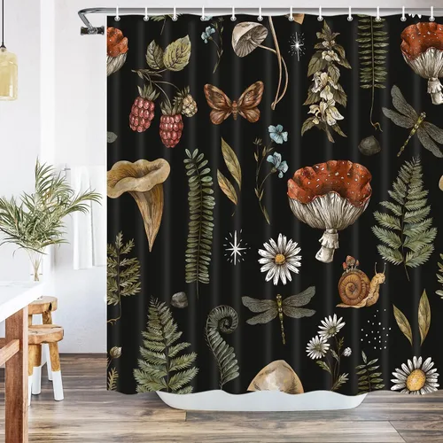 Vista 19 de Cortina de Ducha de Hojas Tropicales, Cortina de Baño Decorativa Verde y Negra con Hojas de Palmera y Plátano, Juegos de Cortinas de Ducha de Tela