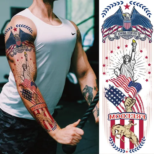 Vista 2 de Mangas temporales para tatuaje del 4 de julio para hombres y mujeres, 4 hojas grandes de brazo completo de Estados Unidos, patriótico 4 de julio