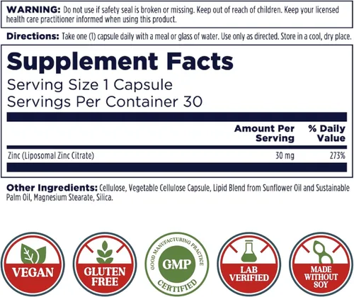 Vista 2 de KAL Zinc liposomal de 30 mg, suplemento para función celular y apoyo inmunológico, suplementos de zinc de absorción mejorada, vegano, sin gluten