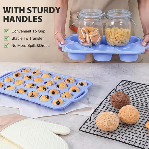 Vista 5 de Mini Molde de Silicona para Muffins con Marco de Metal, Molde de Silicona Antiadherente para Cupcakes con Asas de 24 Tazas, Bandeja de Molde