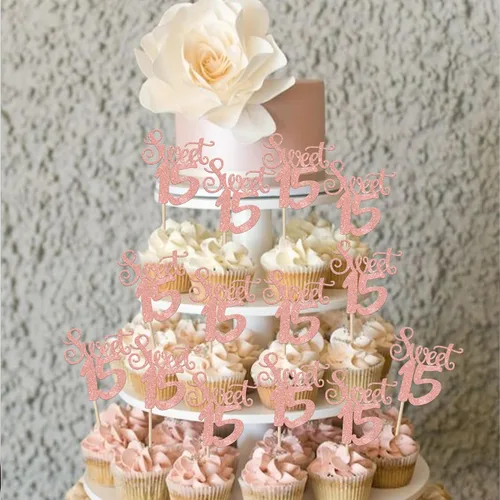 Vista 5 de 36 piezas de adornos para cupcakes con purpurina de 15 años de 15 años para cumpleaños, aniversario, fiesta, suministros de decoración de tartas