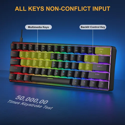 Vista 7 de BlueFinger Combo de teclado y mouse mecánicos para juegos 60% – Teclado RGB con retroiluminación arcoíris de 61 teclas con interruptor rojo y 4 DPI