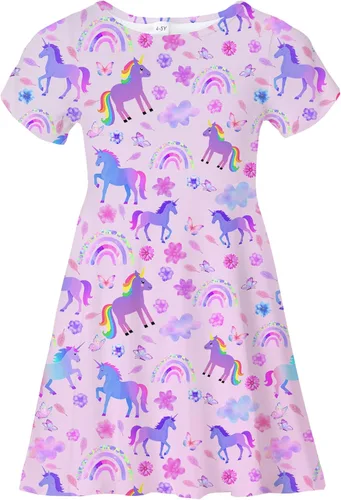 Vista 19 de Vestidos para niñas con estampado lindo, de manga corta, vestidos casuales de verano para niñas de 4 a 10 años