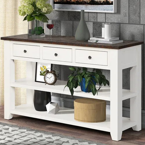Vista 5 de RuiSiSi Mesa consola de 48 pulgadas con 3 cajones y 2 estantes, mesa de sofá de madera de granja para sala de estar, entrada, pasillo, color blanco