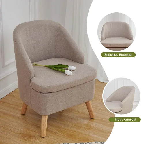 Vista 4 de Bonita silla tapizada color beige con estilo de barril, sofá individual redondo de tela similar al lino de algodón para patas de madera, sala