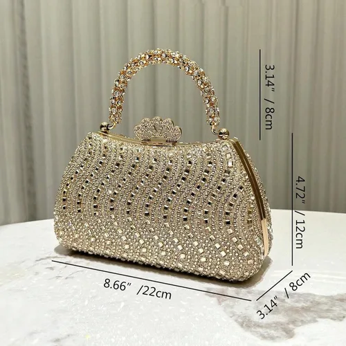 Vista 7 de Bolso de mano de noche con diamantes de imitación de cristal para mujer con cierre de corona de asa dorada, cadena desmontable formal para gala