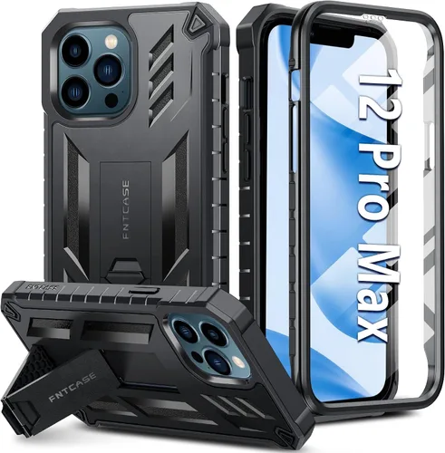 Vista 9 de FNTCASE Funda para iPhone 12-Pro-Max: con protector de pantalla integrado, soporte y funda con clip para cinturón, funda protectora militar