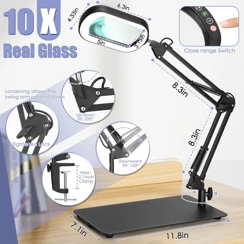 Vista 6 de Drdefi Lupa cuadrada de 10X con luz y soporte, lupa de cristal real iluminada con LED, 5 modos de color regulable continuo, lámpara de escritorio