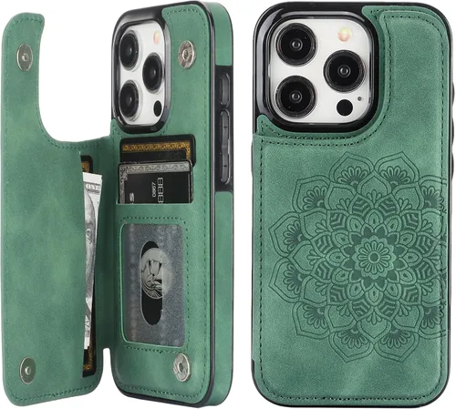 Vista 11 de Vaburs Funda compatible con iPhone 15 Pro con tarjetero y diseño de mandala en relieve, de piel sintética, doble botones, a prueba de golpes