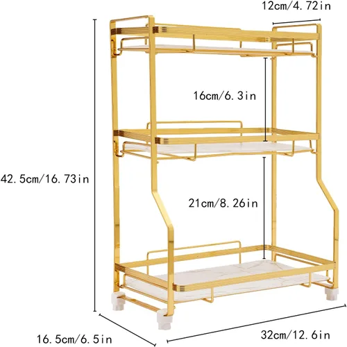 Vista 2 de Organizador de mostrador de baño de 3 niveles, organizador de perfume dorado de acero inoxidable, organizador de maquillaje, estante