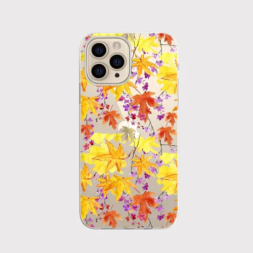 Vista 3 de Blingy's Funda para iPhone 14 Pro, diseño de hojas de otoño doradas, diseño divertido de otoño, funda protectora transparente de TPU suave