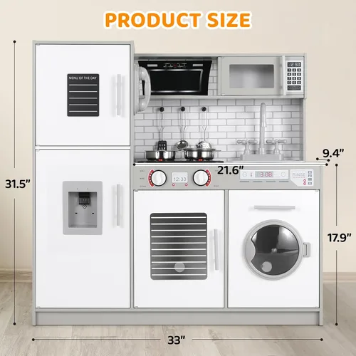 Vista 2 de Arlopu Juego de cocina para niños, juego de juguetes de madera con diseño realista, sonidos de luces, ollas y utensilios para niños y niñas a partir