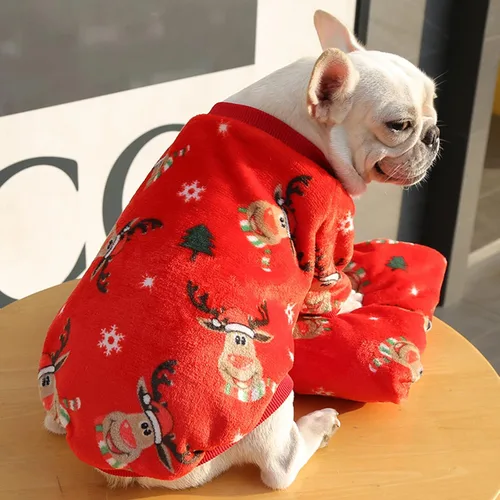 Vista 3 de Ropa para perros, pijamas de Navidad para perros, ropa de bulldog francés, abrigos cálidos con patrón de ciervos para cachorros, perros pequeños