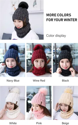 Vista 6 de IYEBRAO - Conjunto de gorro y bufanda de punto de invierno para mujer, lindo gorro de esquí con forro polar grueso, gorro de esquí cálido con pompón