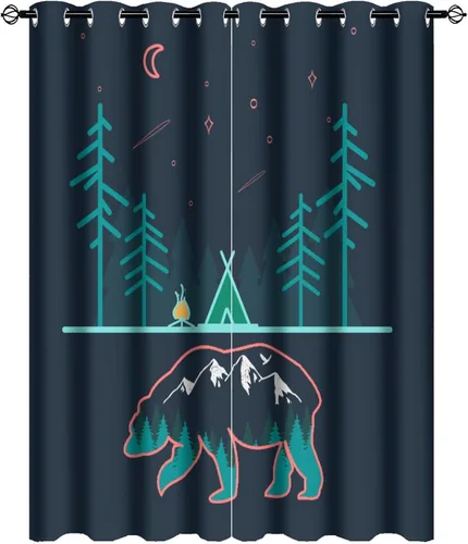 Vista 24 de Cortinas abstractas con estampado de cámper de caricaturas, divertido tema de aventura, campamento, montañas, vida silvestre, oso, tratamiento