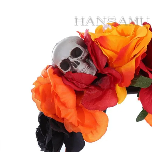 Vista 5 de Diadema floral del Día de los Muertos con calavera mexicana, corona de rosas para mujeres y niñas, disfraz de Halloween (naranja, negro y rojo)