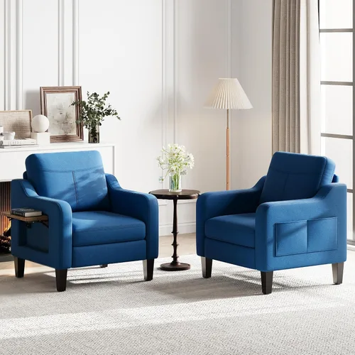 Vista 14 de Silla de acento para sala de estar, sillón moderno tapizado en lino, silla de sofá lateral de tela con estructura de madera con mesa plegable, 2