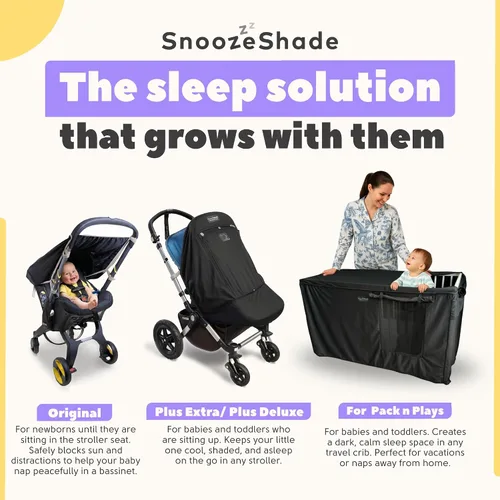 Vista 7 de Corral con capota SnoozeShade malla respirable y sombra para dormir Blackout canopy blocks up to 94% of light for naps anywhere. Fits pack n