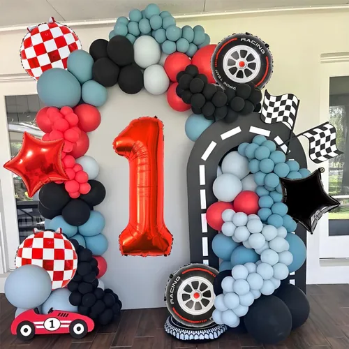 Vista 6 de Globos de auto de carreras para decoración de cumpleaños – Globos rojos de Mylar número 1 de 40 pulgadas – Globos rojos de aluminio rojo