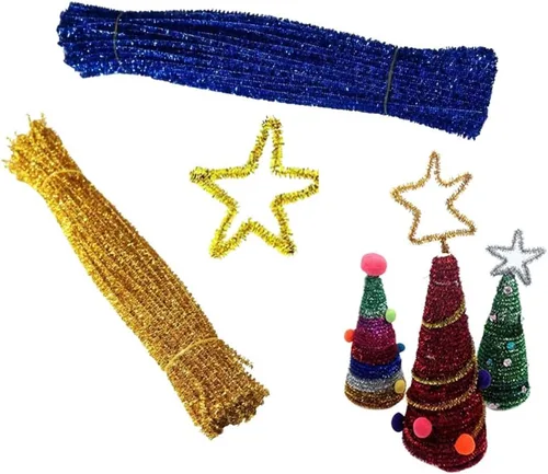 Vista 7 de 200 tallos de felpilla de oropel brillante a granel, palitos con alambre para manualidades, bodas, hogar, fiestas, decoración navideña (azul dorado)